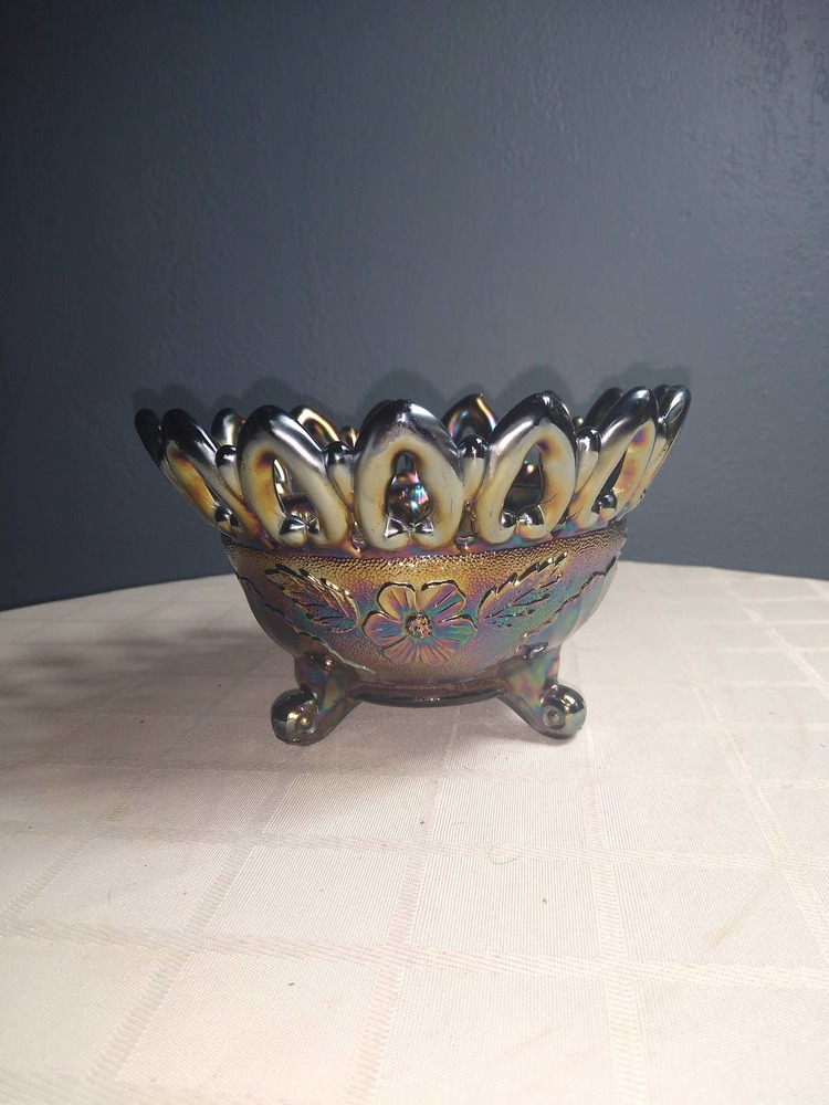 Northwood wild rose purple carnival glass candy dish